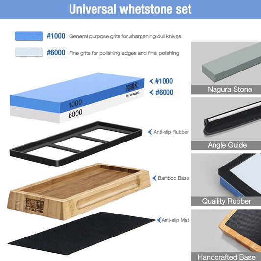 Knife Sharpening Stone Set, Double-Sided Grit 1000/6000 Whetstone | Complete Knife Sharpener Stone Kit, Wet Stone for Sharping Knives with Non-slip Rubber Base Angle Guide