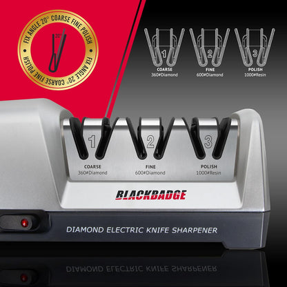 Professional Electric Knife Sharpener for Kitchen Knives, 3-Stages Sharpener System with Diamond Abrasives, Quickly Sharpening, Repair/Restore/Polish Blades
