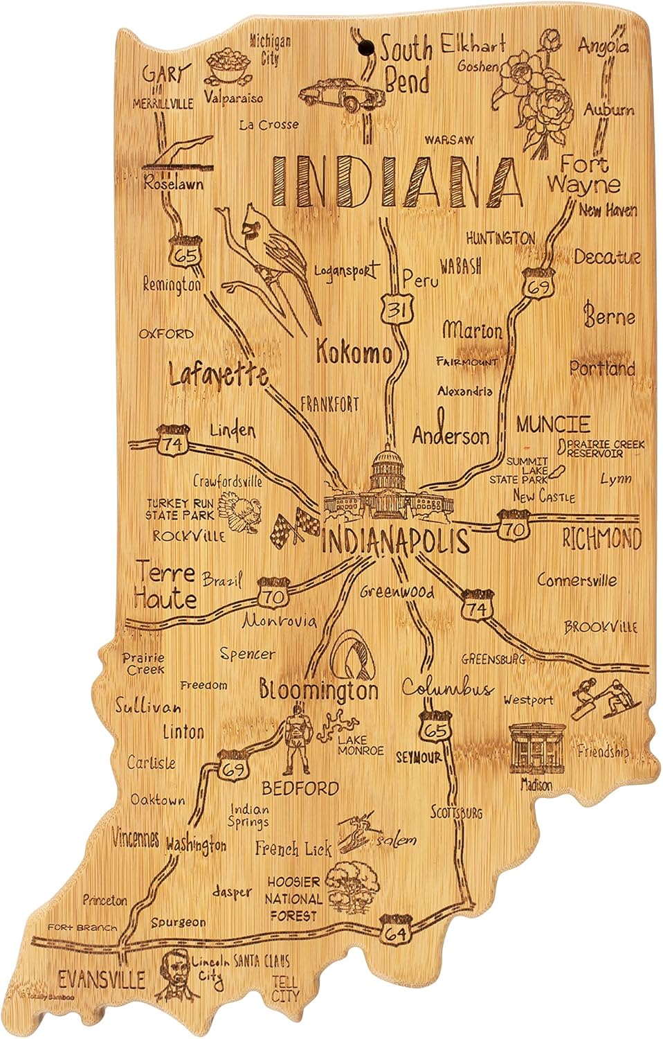 Destination Indiana State Shaped Cutting Board | State charcuterie serving board with engraved map artwork. Smooth reverse side for food prep. Hang tie for wall display.