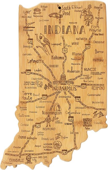 Destination Indiana State Shaped Cutting Board | State charcuterie serving board with engraved map artwork. Smooth reverse side for food prep. Hang tie for wall display.