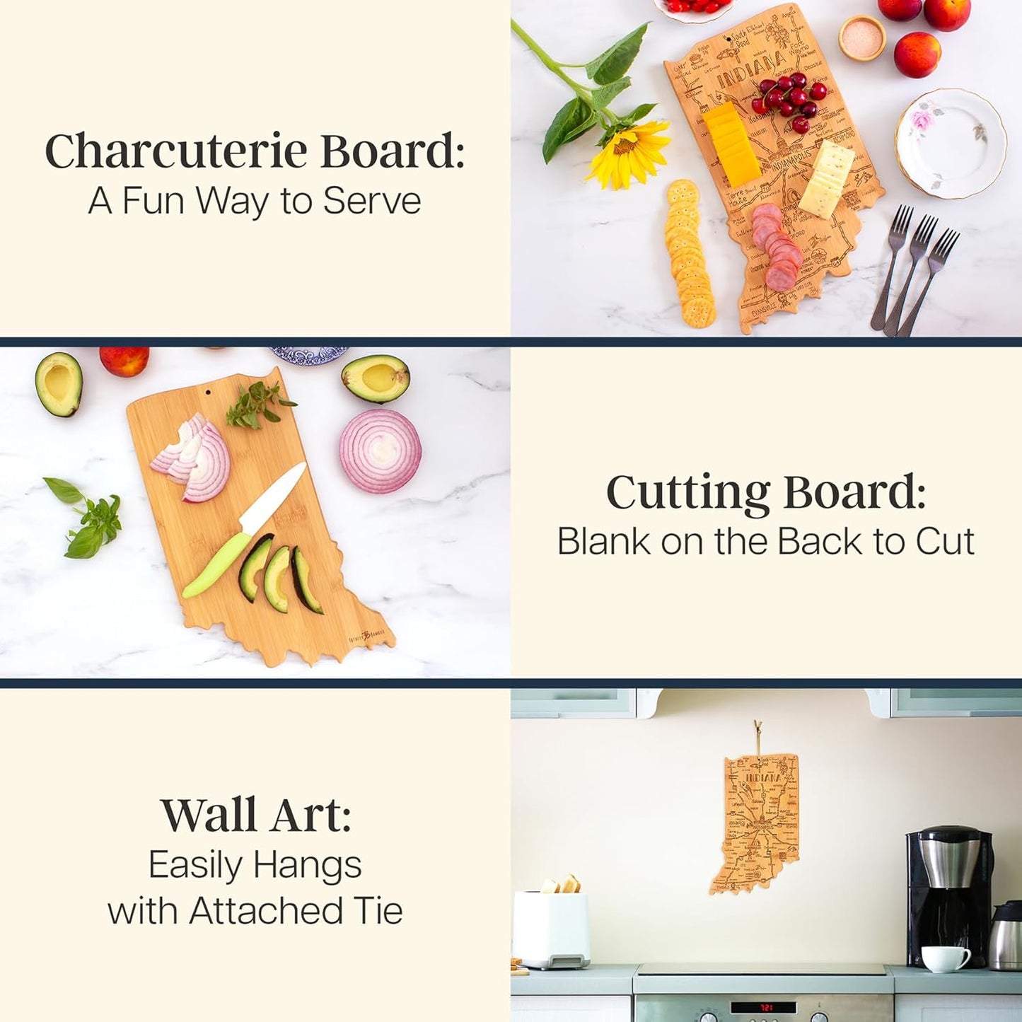 Destination Indiana State Shaped Cutting Board | State charcuterie serving board with engraved map artwork. Smooth reverse side for food prep. Hang tie for wall display.