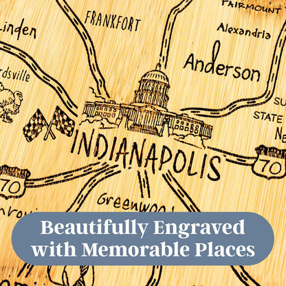 Destination Indiana State Shaped Cutting Board | State charcuterie serving board with engraved map artwork. Smooth reverse side for food prep. Hang tie for wall display.