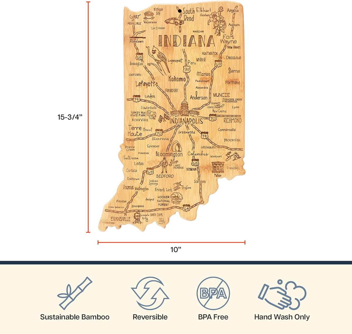 Destination Indiana State Shaped Cutting Board | State charcuterie serving board with engraved map artwork. Smooth reverse side for food prep. Hang tie for wall display.