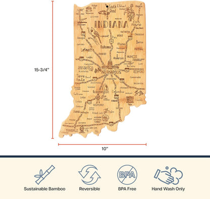 Destination Indiana State Shaped Cutting Board | State charcuterie serving board with engraved map artwork. Smooth reverse side for food prep. Hang tie for wall display.