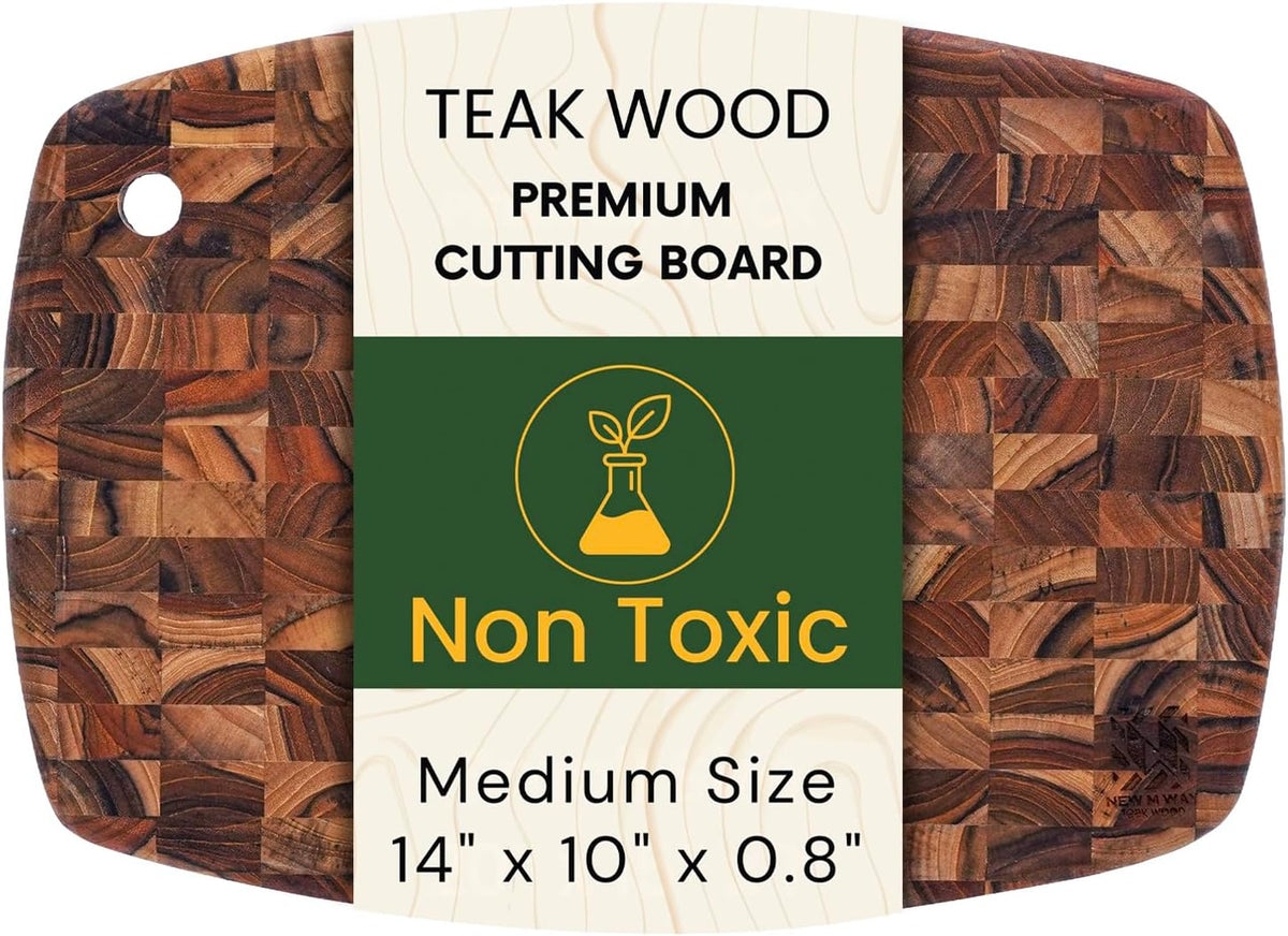 Teak Wood Oval End Grain Cutting Board 13.8 x 9.8 Inch, Small Solid Wood Kitchen Cutting Board for Cheese & Fruit Prep, Decorative Serving Board with Hanging Hole by New M Way