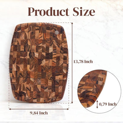 Teak Wood Oval End Grain Cutting Board 13.8 x 9.8 Inch, Small Solid Wood Kitchen Cutting Board for Cheese & Fruit Prep, Decorative Serving Board with Hanging Hole by New M Way