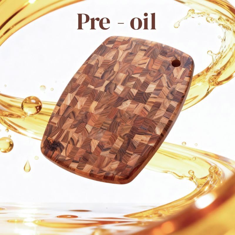 Teak Wood Oval End Grain Cutting Board 13.8 x 9.8 Inch, Small Solid Wood Kitchen Cutting Board for Cheese & Fruit Prep, Decorative Serving Board with Hanging Hole by New M Way