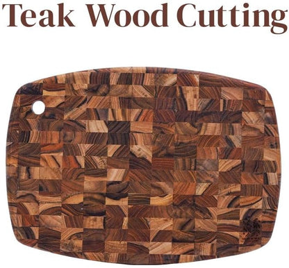 Teak Wood Oval End Grain Cutting Board 13.8 x 9.8 Inch, Small Solid Wood Kitchen Cutting Board for Cheese & Fruit Prep, Decorative Serving Board with Hanging Hole by New M Way