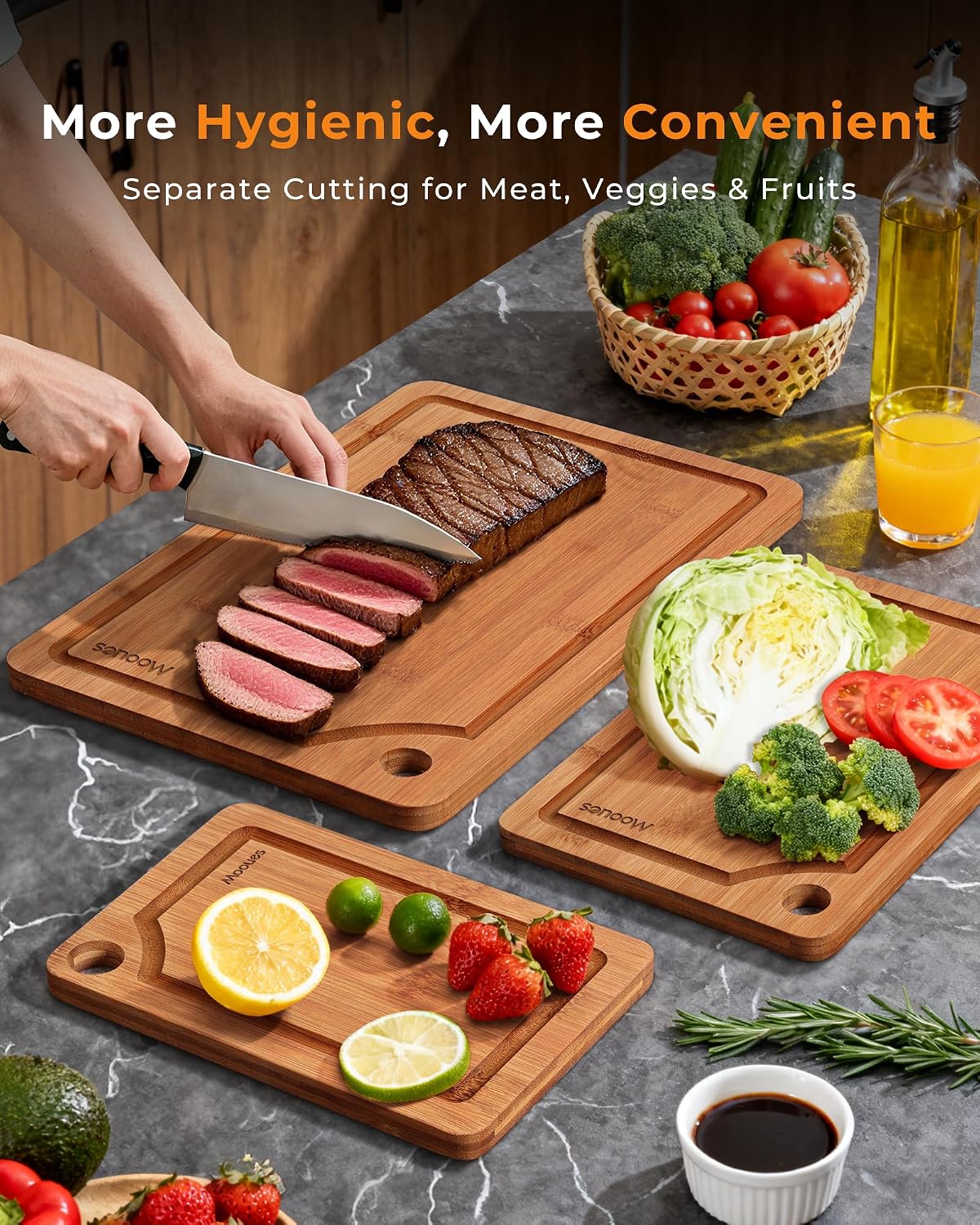 Bamboo Cutting Board for Kitchen, Knife-Friendly Wooden Cutting Boards Set