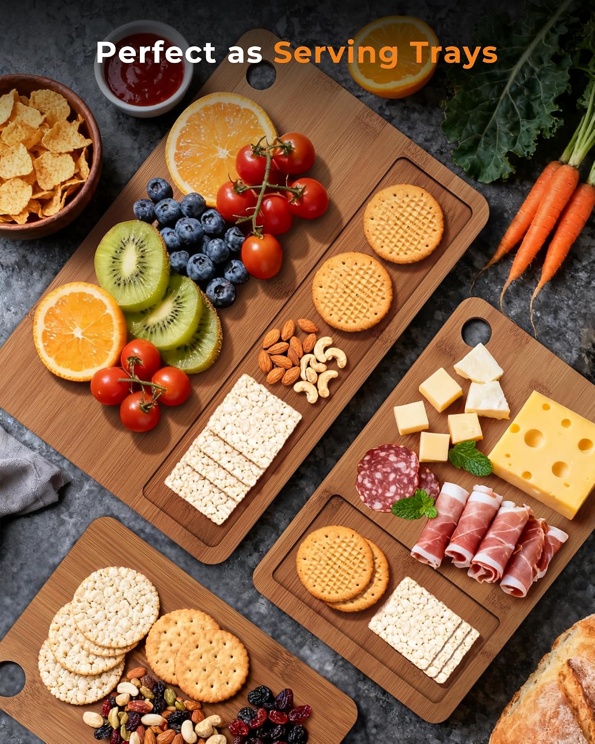 Bamboo Cutting Board for Kitchen, Knife-Friendly Wooden Cutting Boards Set