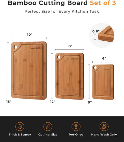 Bamboo Cutting Board for Kitchen, Knife-Friendly Wooden Cutting Boards Set