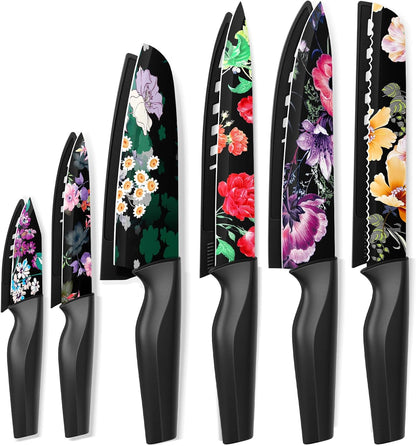 Knife Set, 12-Piece Flower Kitchen Knives Sets with Blade Guards, Dishwasher Safe, German High Carbon Stainless Steel, Perfect Gifts for Kitchen