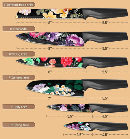 Knife Set, 12-Piece Flower Kitchen Knives Sets with Blade Guards, Dishwasher Safe, German High Carbon Stainless Steel, Perfect Gifts for Kitchen