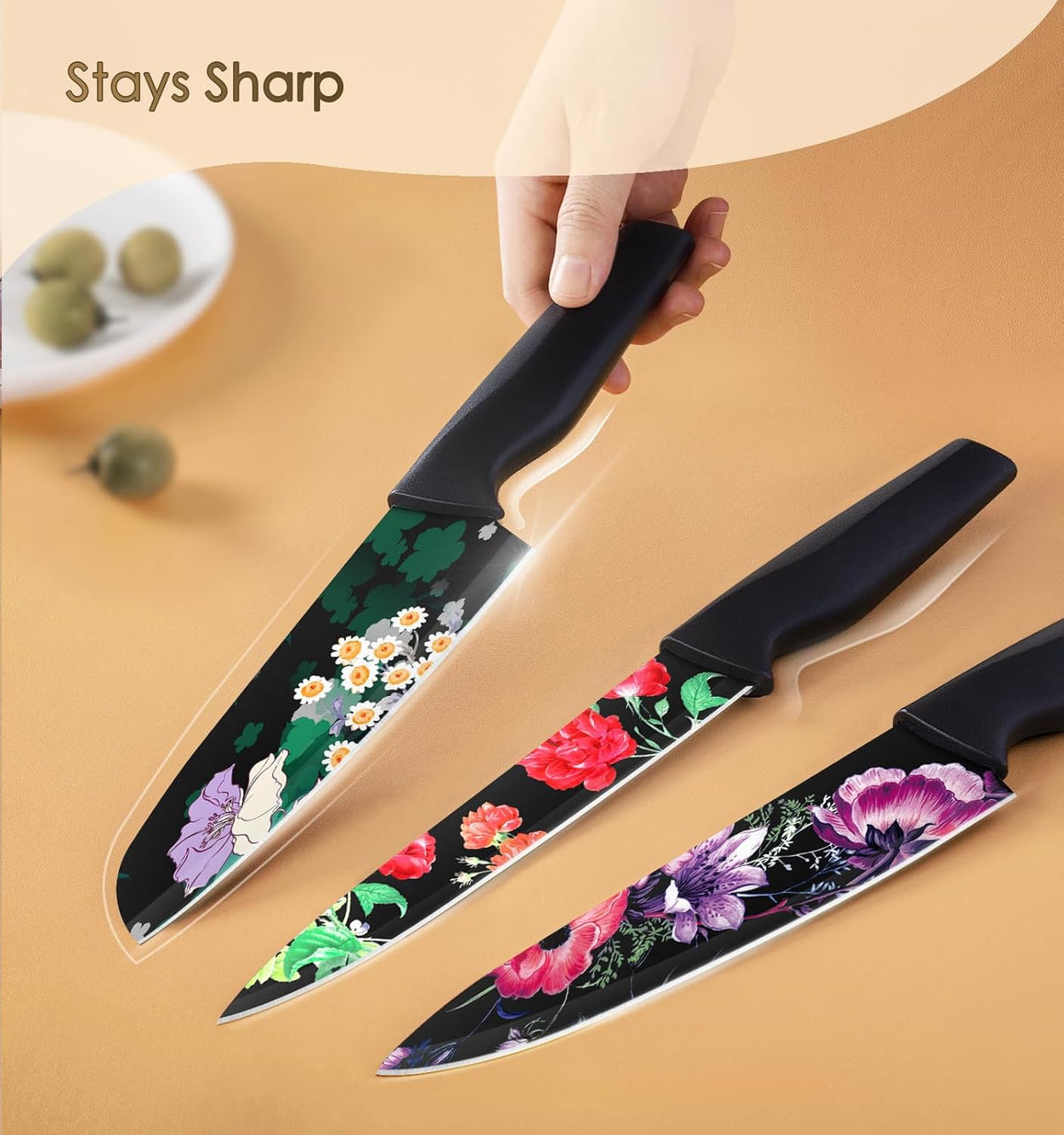 Knife Set, 12-Piece Flower Kitchen Knives Sets with Blade Guards, Dishwasher Safe, German High Carbon Stainless Steel, Perfect Gifts for Kitchen