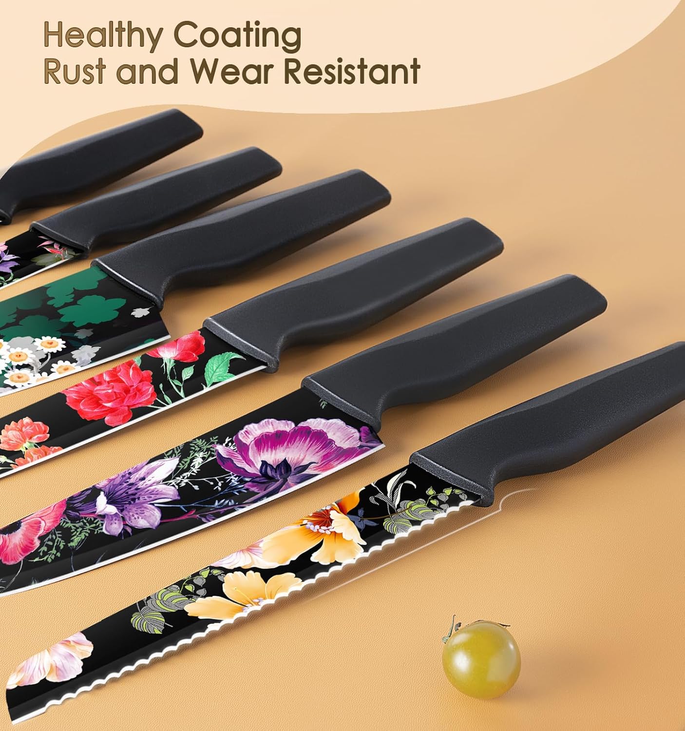 Knife Set, 12-Piece Flower Kitchen Knives Sets with Blade Guards, Dishwasher Safe, German High Carbon Stainless Steel, Perfect Gifts for Kitchen