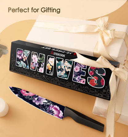 Knife Set, 12-Piece Flower Kitchen Knives Sets with Blade Guards, Dishwasher Safe, German High Carbon Stainless Steel, Perfect Gifts for Kitchen