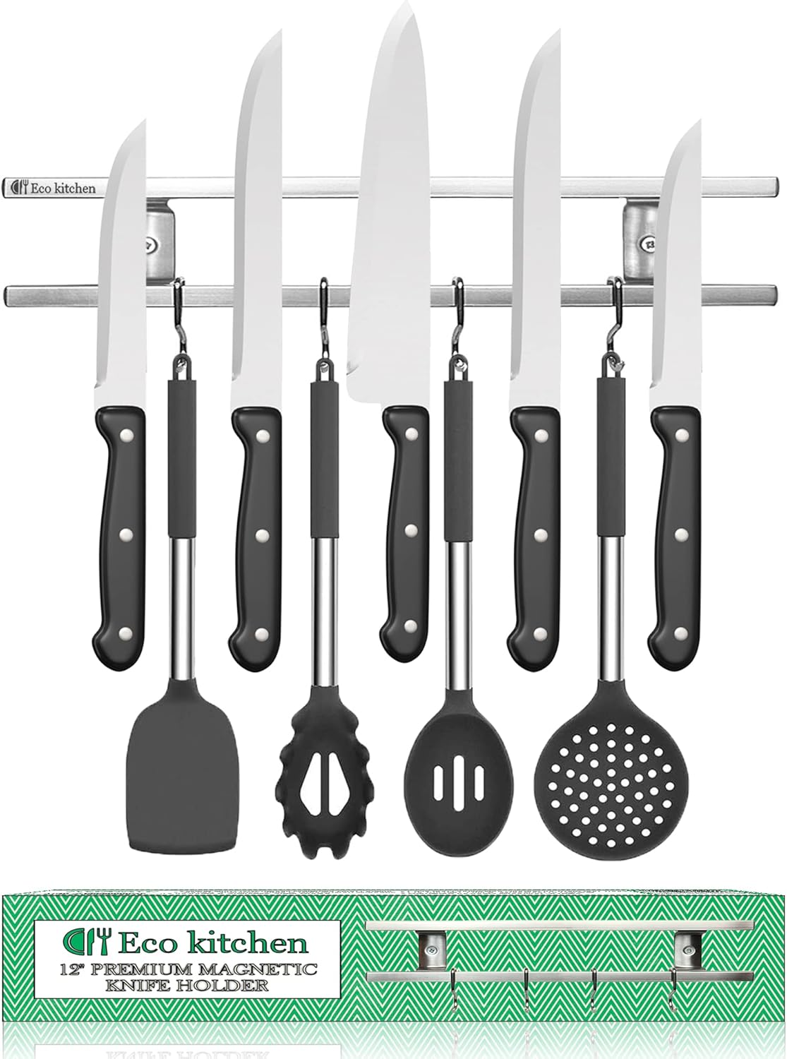 Magnetic Knife Holder for Wall - Stainless Steel Knife Magnetic Strip 12 Inch - Wall Knife Magnet Bar Rack With Hooks