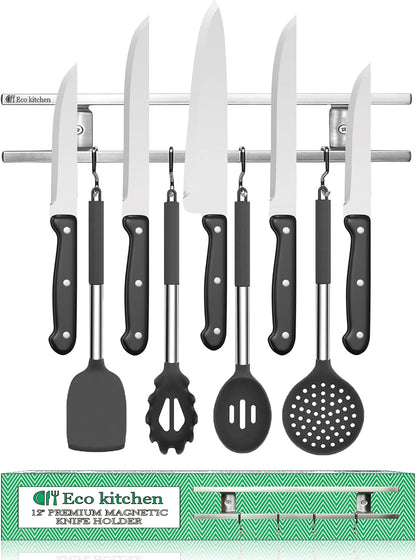 Magnetic Knife Holder for Wall - Stainless Steel Knife Magnetic Strip 12 Inch - Wall Knife Magnet Bar Rack With Hooks