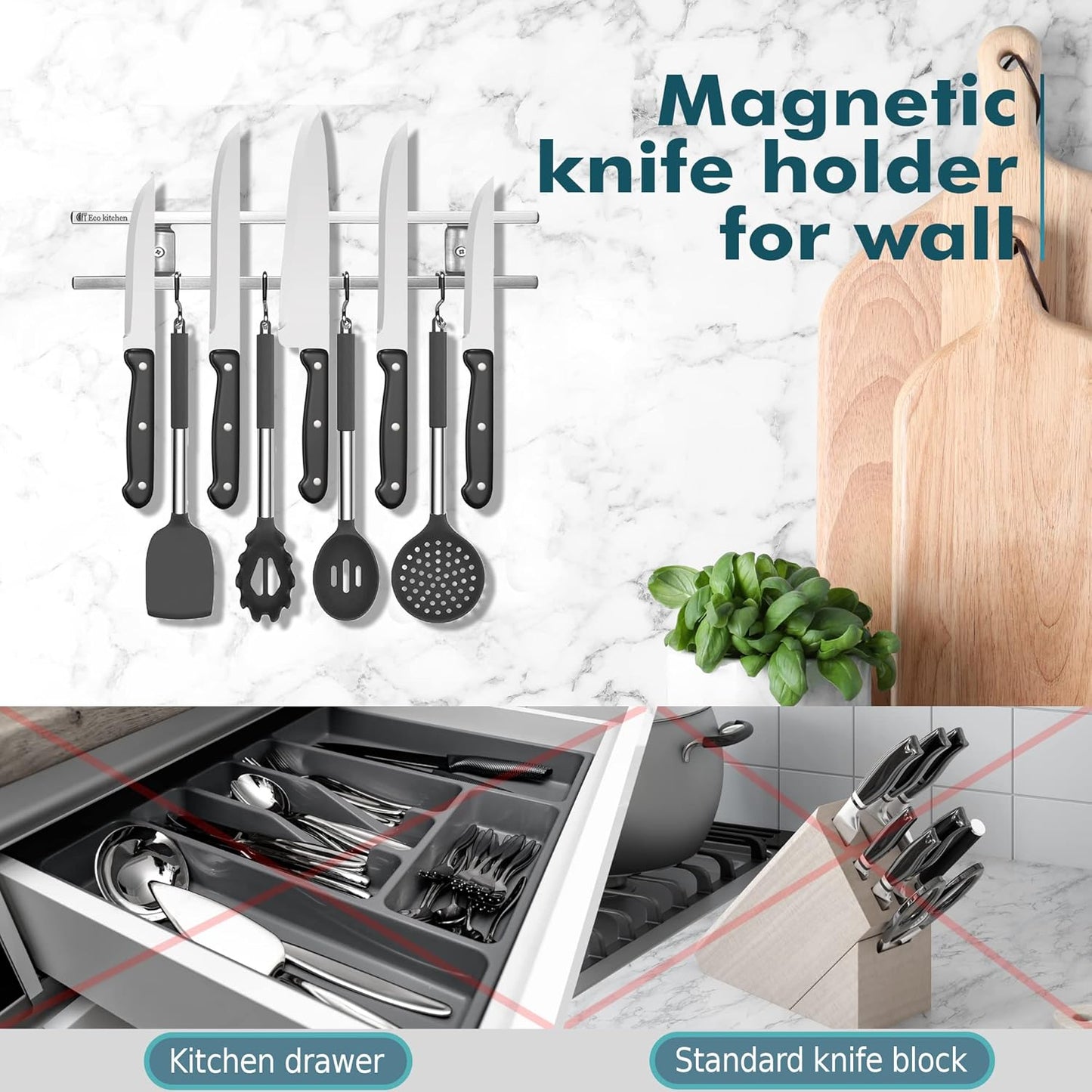 Magnetic Knife Holder for Wall - Stainless Steel Knife Magnetic Strip 12 Inch - Wall Knife Magnet Bar Rack With Hooks