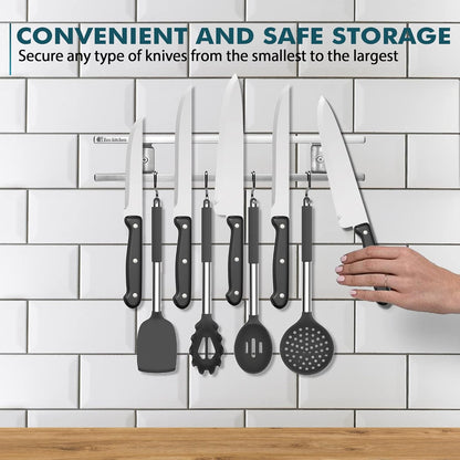 Magnetic Knife Holder for Wall - Stainless Steel Knife Magnetic Strip 12 Inch - Wall Knife Magnet Bar Rack With Hooks