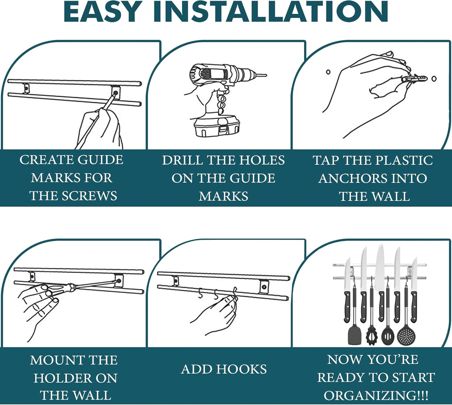 Magnetic Knife Holder for Wall - Stainless Steel Knife Magnetic Strip 12 Inch - Wall Knife Magnet Bar Rack With Hooks
