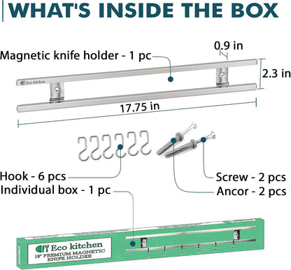 Magnetic Knife Holder for Wall - Stainless Steel Knife Magnetic Strip 12 Inch - Wall Knife Magnet Bar Rack With Hooks