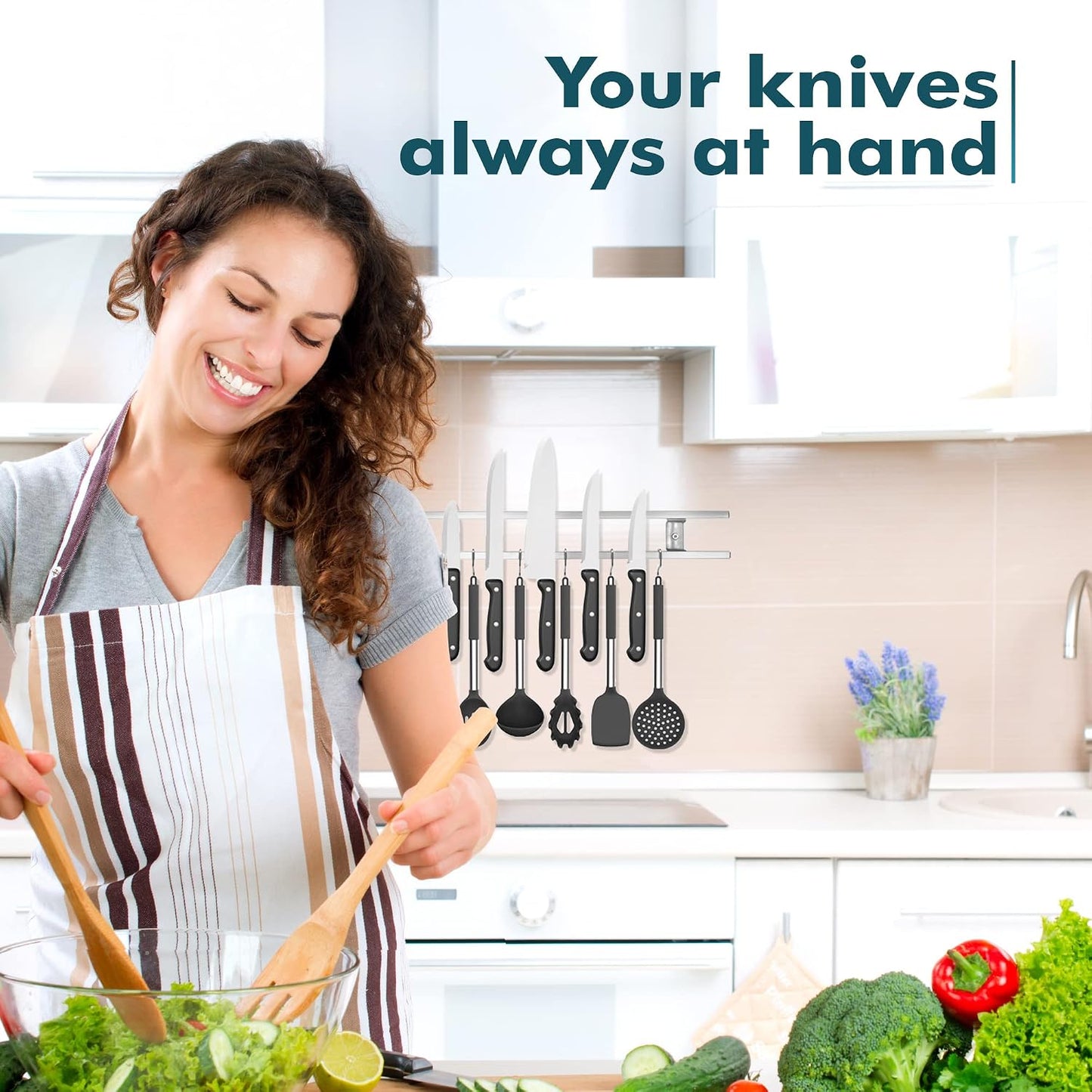 Magnetic Knife Holder for Wall - Stainless Steel Knife Magnetic Strip 12 Inch - Wall Knife Magnet Bar Rack With Hooks