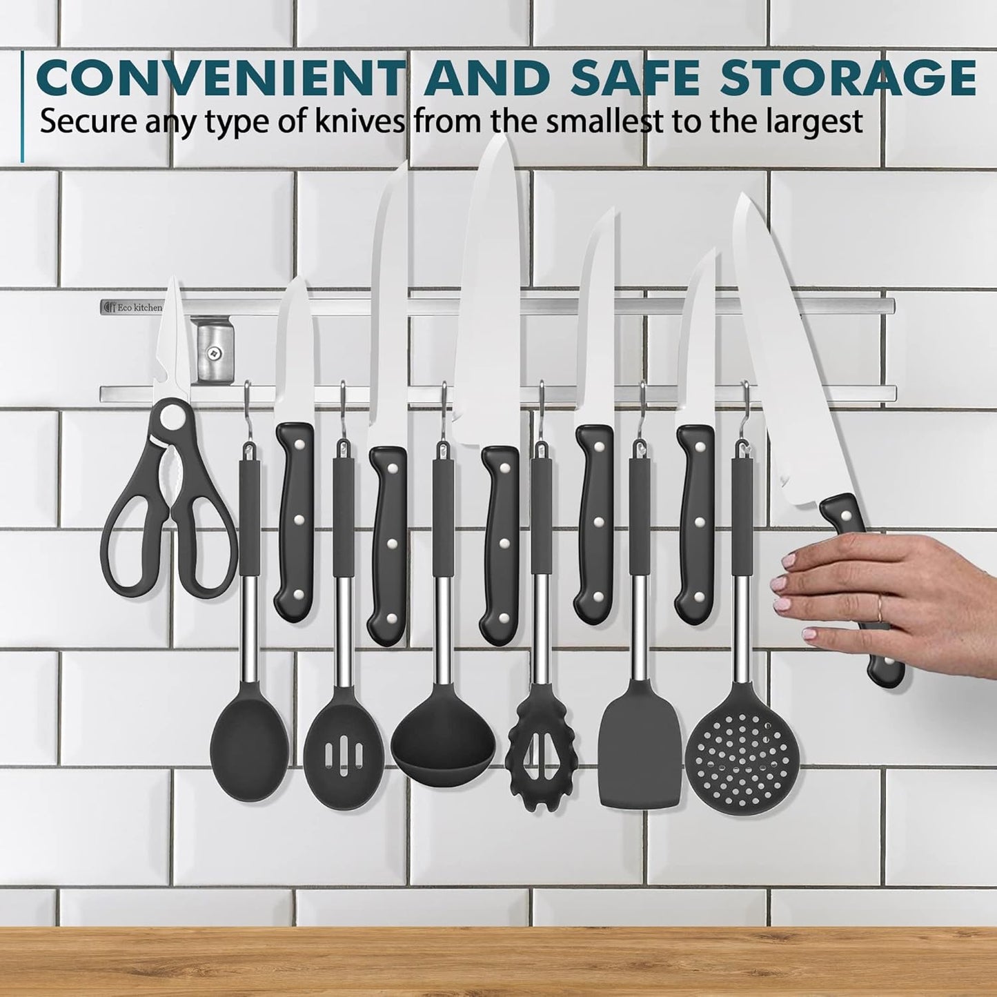 Magnetic Knife Holder for Wall - Stainless Steel Knife Magnetic Strip 12 Inch - Wall Knife Magnet Bar Rack With Hooks