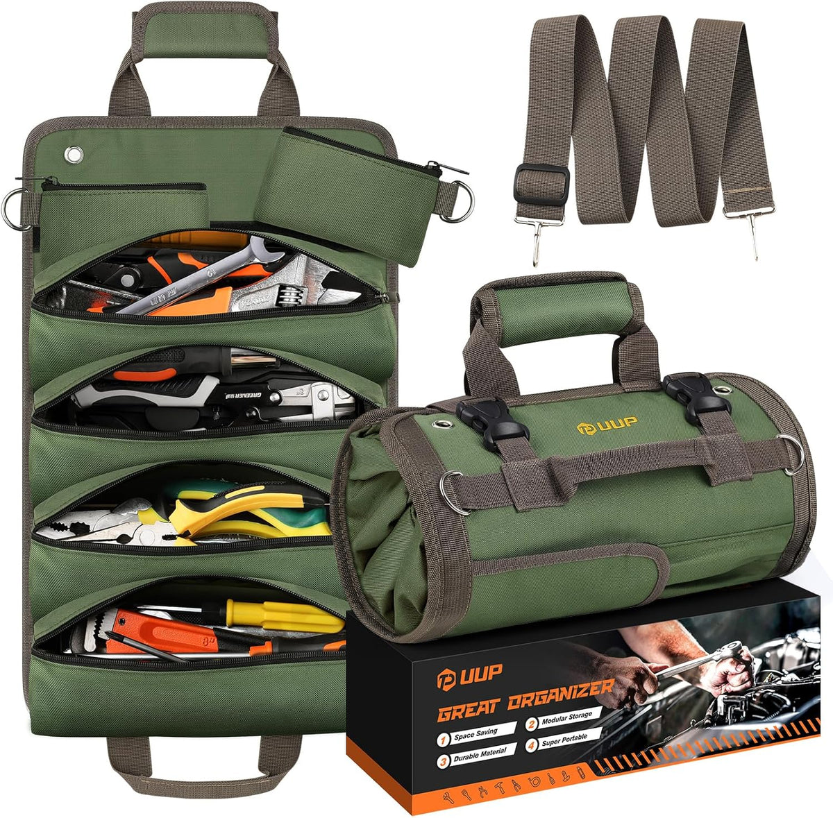 Tool Bag Roll Up, Heavy Duty Portable Soft Tool Storage Gifts for Men | Foldable Empty Rollup Organizer with Small Pockets, Rollable Toolbag, Gifts for Him Dad Men Mechanic Welding, Green