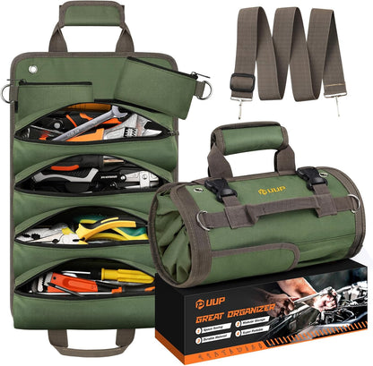 Tool Bag Roll Up, Heavy Duty Portable Soft Tool Storage Gifts for Men | Foldable Empty Rollup Organizer with Small Pockets, Rollable Toolbag, Gifts for Him Dad Men Mechanic Welding, Green