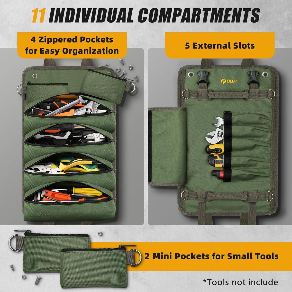 Tool Bag Roll Up, Heavy Duty Portable Soft Tool Storage Gifts for Men | Foldable Empty Rollup Organizer with Small Pockets, Rollable Toolbag, Gifts for Him Dad Men Mechanic Welding, Green