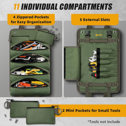 Tool Bag Roll Up, Heavy Duty Portable Soft Tool Storage Gifts for Men | Foldable Empty Rollup Organizer with Small Pockets, Rollable Toolbag, Gifts for Him Dad Men Mechanic Welding, Green