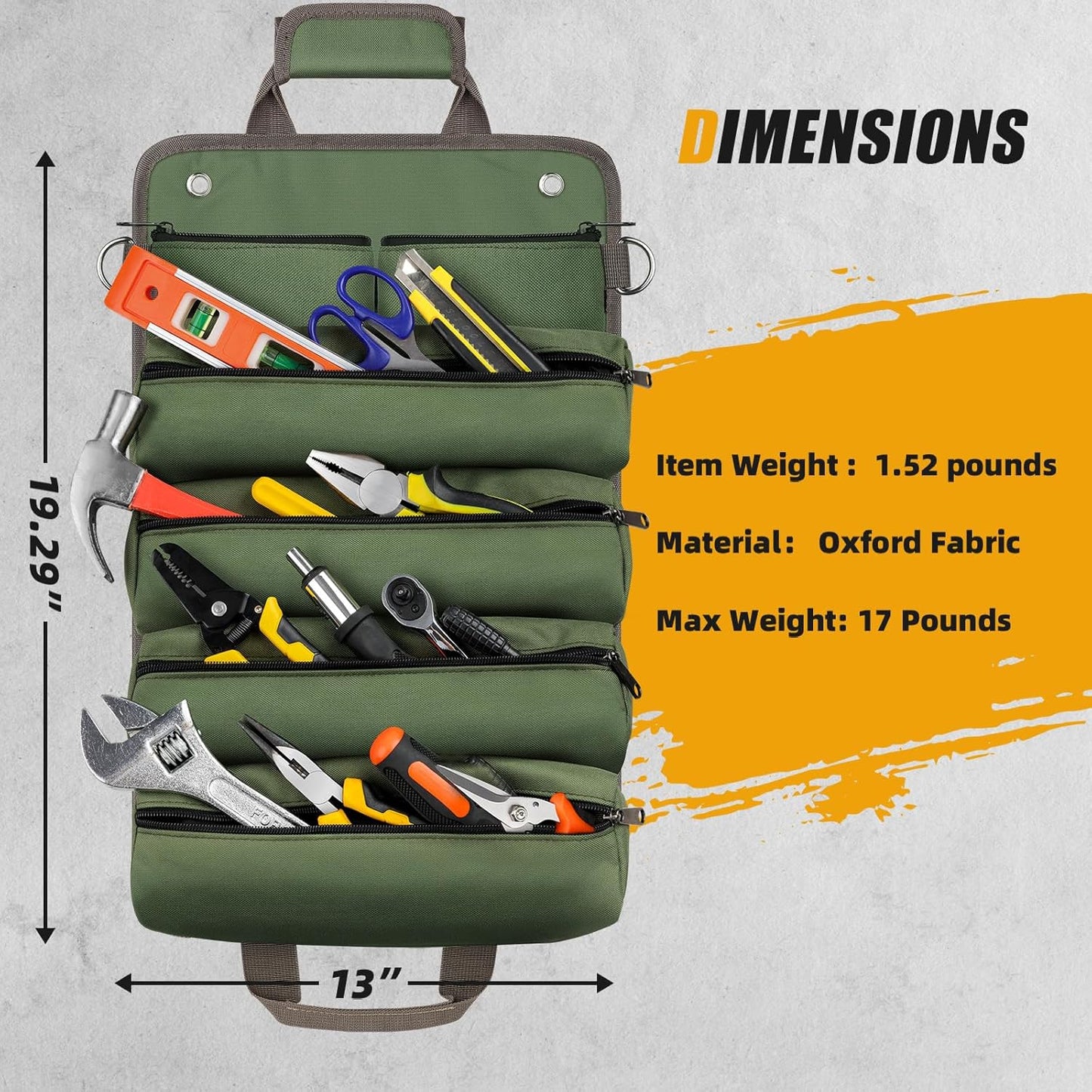 Tool Bag Roll Up, Heavy Duty Portable Soft Tool Storage Gifts for Men | Foldable Empty Rollup Organizer with Small Pockets, Rollable Toolbag, Gifts for Him Dad Men Mechanic Welding, Green