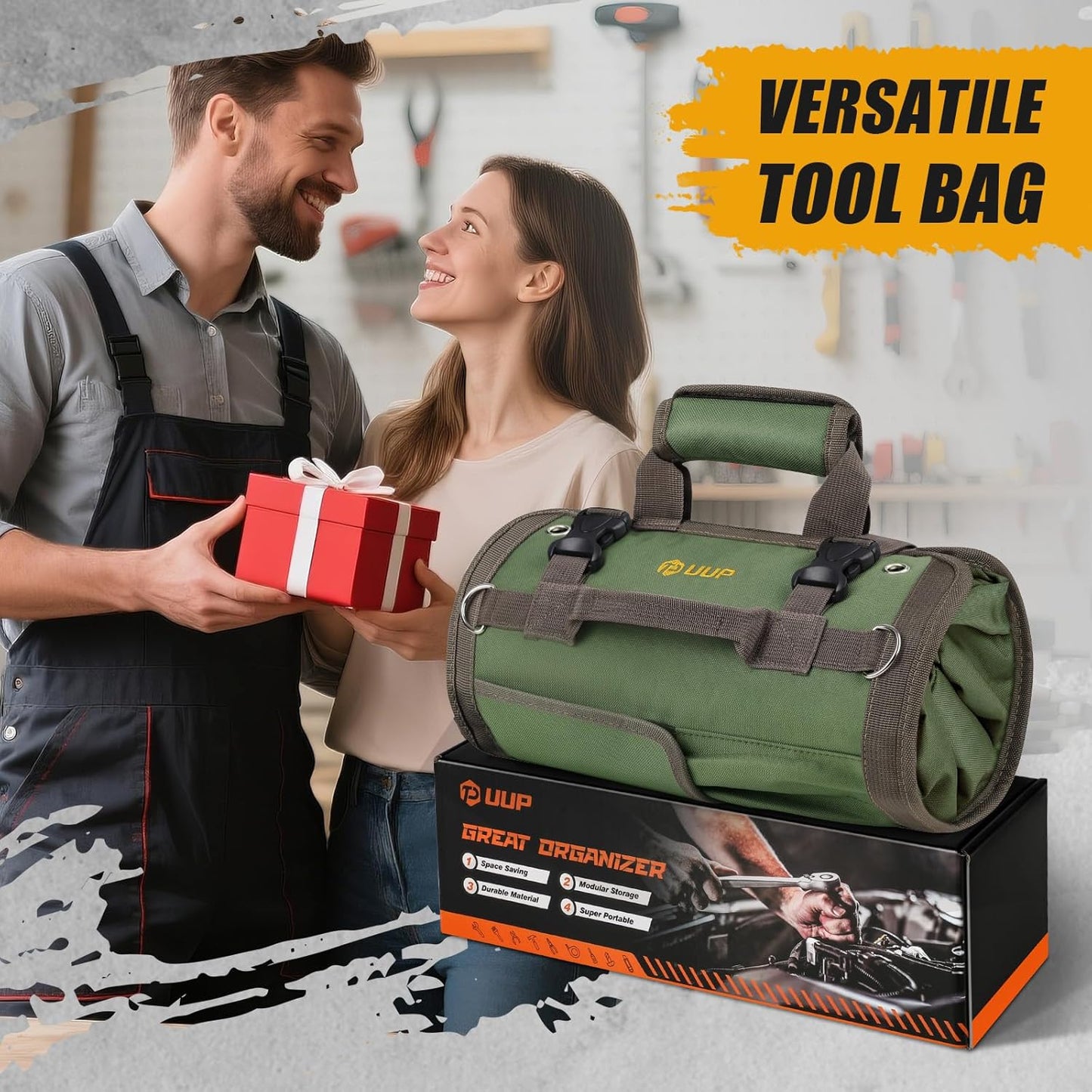 Tool Bag Roll Up, Heavy Duty Portable Soft Tool Storage Gifts for Men | Foldable Empty Rollup Organizer with Small Pockets, Rollable Toolbag, Gifts for Him Dad Men Mechanic Welding, Green