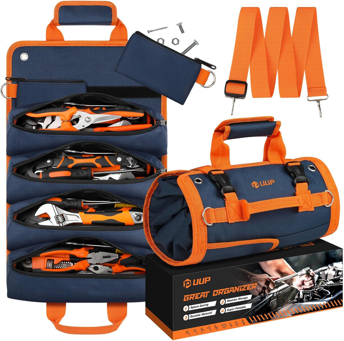 Tool Bag Roll Up, Heavy Duty Portable Soft Tool Storage Gifts for Men | Foldable Empty Rollup Organizer with Small Pockets, Rollable Toolbag, Gifts for Him Dad Men Mechanic Welding, Green