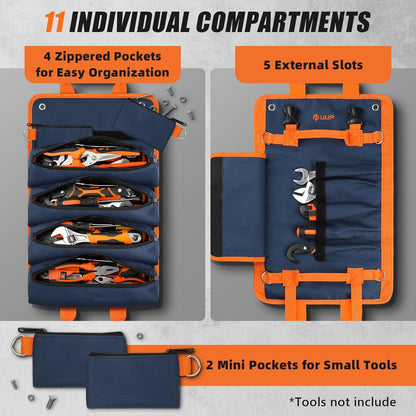 Tool Bag Roll Up, Heavy Duty Portable Soft Tool Storage Gifts for Men | Foldable Empty Rollup Organizer with Small Pockets, Rollable Toolbag, Gifts for Him Dad Men Mechanic Welding, Green