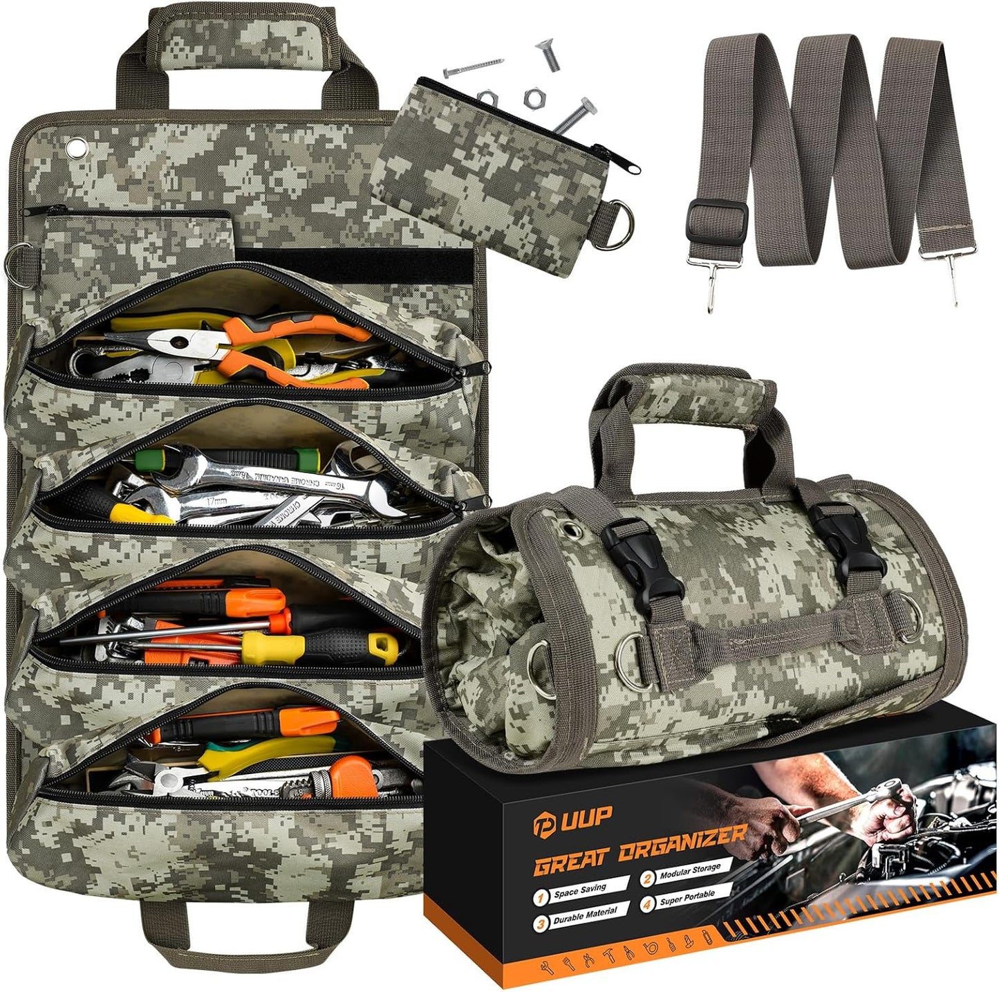 Tool Bag Roll Up, Heavy Duty Portable Soft Tool Storage Gifts for Men | Foldable Empty Rollup Organizer with Small Pockets, Rollable Toolbag, Gifts for Him Dad Men Mechanic Welding, Green