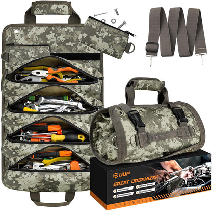 Tool Bag Roll Up, Heavy Duty Portable Soft Tool Storage Gifts for Men | Foldable Empty Rollup Organizer with Small Pockets, Rollable Toolbag, Gifts for Him Dad Men Mechanic Welding, Green