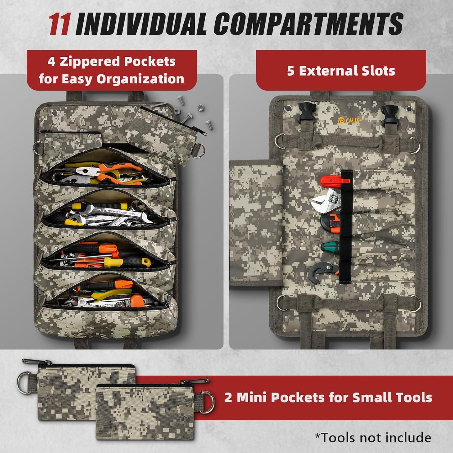 Tool Bag Roll Up, Heavy Duty Portable Soft Tool Storage Gifts for Men | Foldable Empty Rollup Organizer with Small Pockets, Rollable Toolbag, Gifts for Him Dad Men Mechanic Welding, Green