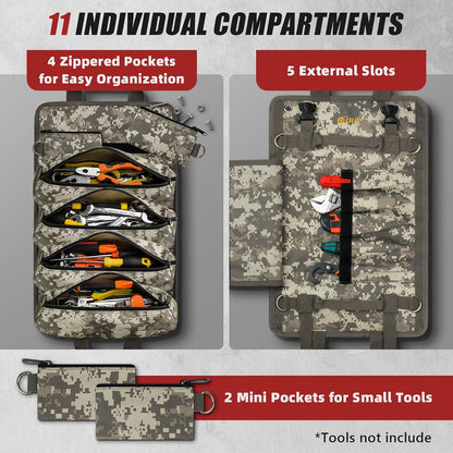 Tool Bag Roll Up, Heavy Duty Portable Soft Tool Storage Gifts for Men | Foldable Empty Rollup Organizer with Small Pockets, Rollable Toolbag, Gifts for Him Dad Men Mechanic Welding, Green