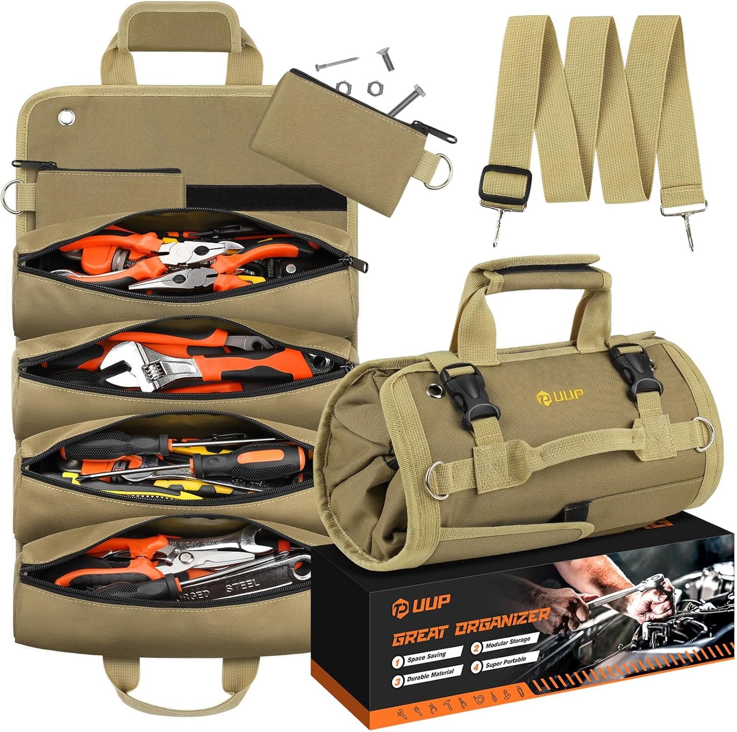 Tool Bag Roll Up, Heavy Duty Portable Soft Tool Storage Gifts for Men | Foldable Empty Rollup Organizer with Small Pockets, Rollable Toolbag, Gifts for Him Dad Men Mechanic Welding, Green