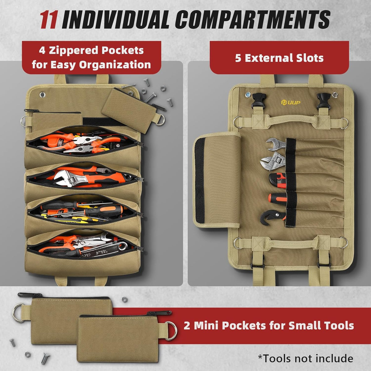Tool Bag Roll Up, Heavy Duty Portable Soft Tool Storage Gifts for Men | Foldable Empty Rollup Organizer with Small Pockets, Rollable Toolbag, Gifts for Him Dad Men Mechanic Welding, Green