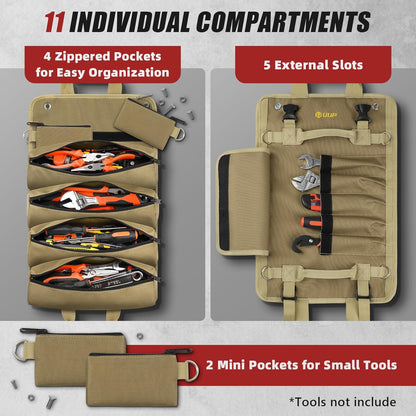 Tool Bag Roll Up, Heavy Duty Portable Soft Tool Storage Gifts for Men | Foldable Empty Rollup Organizer with Small Pockets, Rollable Toolbag, Gifts for Him Dad Men Mechanic Welding, Green