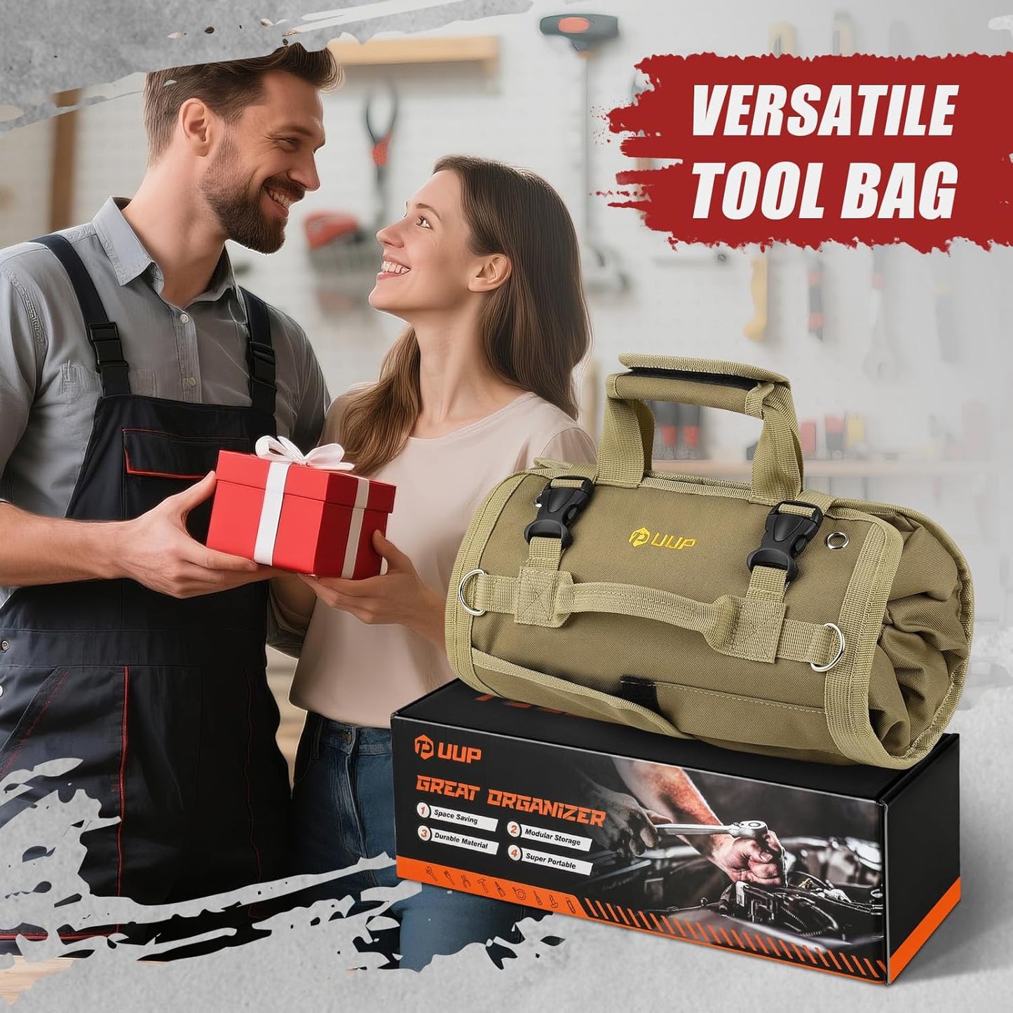 Tool Bag Roll Up, Heavy Duty Portable Soft Tool Storage Gifts for Men | Foldable Empty Rollup Organizer with Small Pockets, Rollable Toolbag, Gifts for Him Dad Men Mechanic Welding, Green
