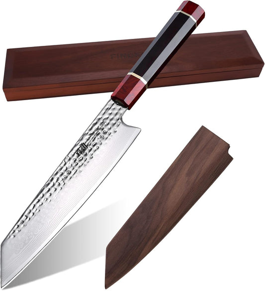 Prestige Series 9 Inch Kiritsuke Chef Knife, Japanese VG10 Damascus Steel, Double Bevel Blade with Walnut Saya, Ebony Octagonal Handle & Wooden Gift Box