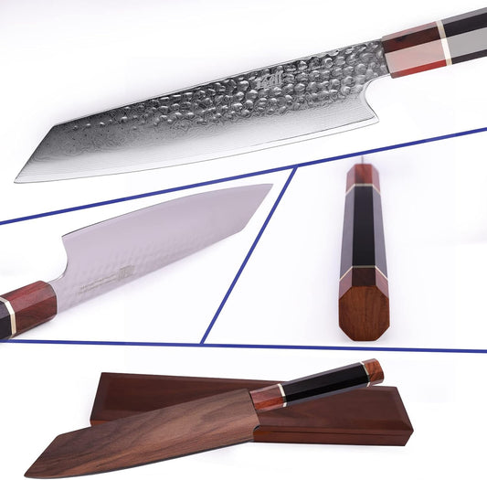 Prestige Series 9 Inch Kiritsuke Chef Knife, Japanese VG10 Damascus Steel, Double Bevel Blade with Walnut Saya, Ebony Octagonal Handle & Wooden Gift Box