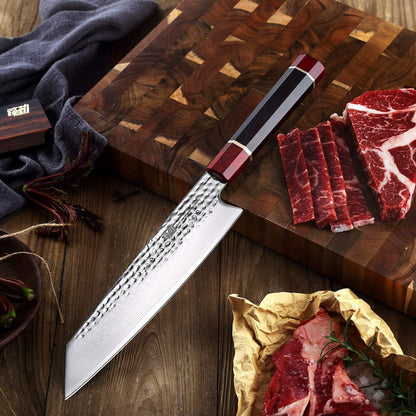 Prestige Series 9 Inch Kiritsuke Chef Knife, Japanese VG10 Damascus Steel, Double Bevel Blade with Walnut Saya, Ebony Octagonal Handle & Wooden Gift Box