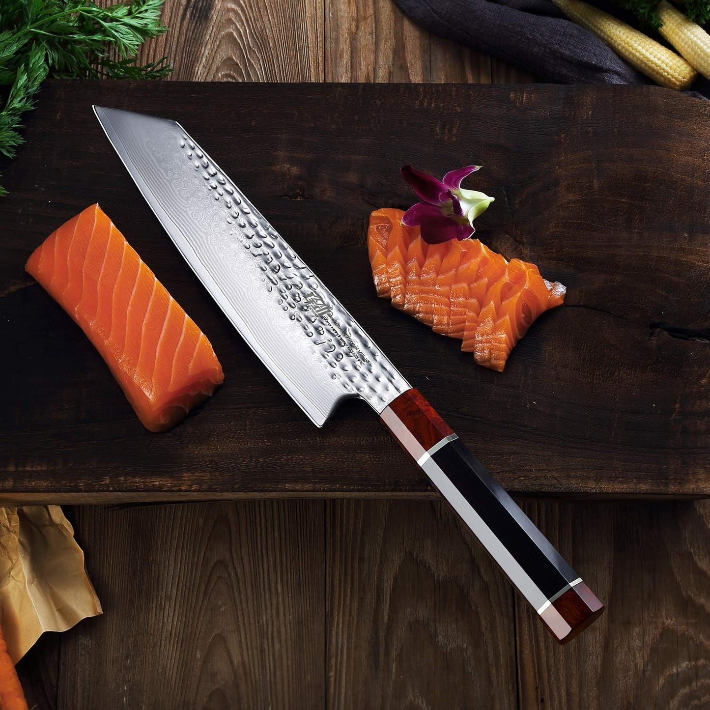 Prestige Series 9 Inch Kiritsuke Chef Knife, Japanese VG10 Damascus Steel, Double Bevel Blade with Walnut Saya, Ebony Octagonal Handle & Wooden Gift Box