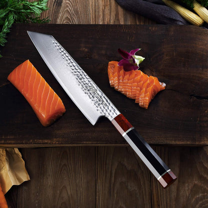 Prestige Series 9 Inch Kiritsuke Chef Knife, Japanese VG10 Damascus Steel, Double Bevel Blade with Walnut Saya, Ebony Octagonal Handle & Wooden Gift Box