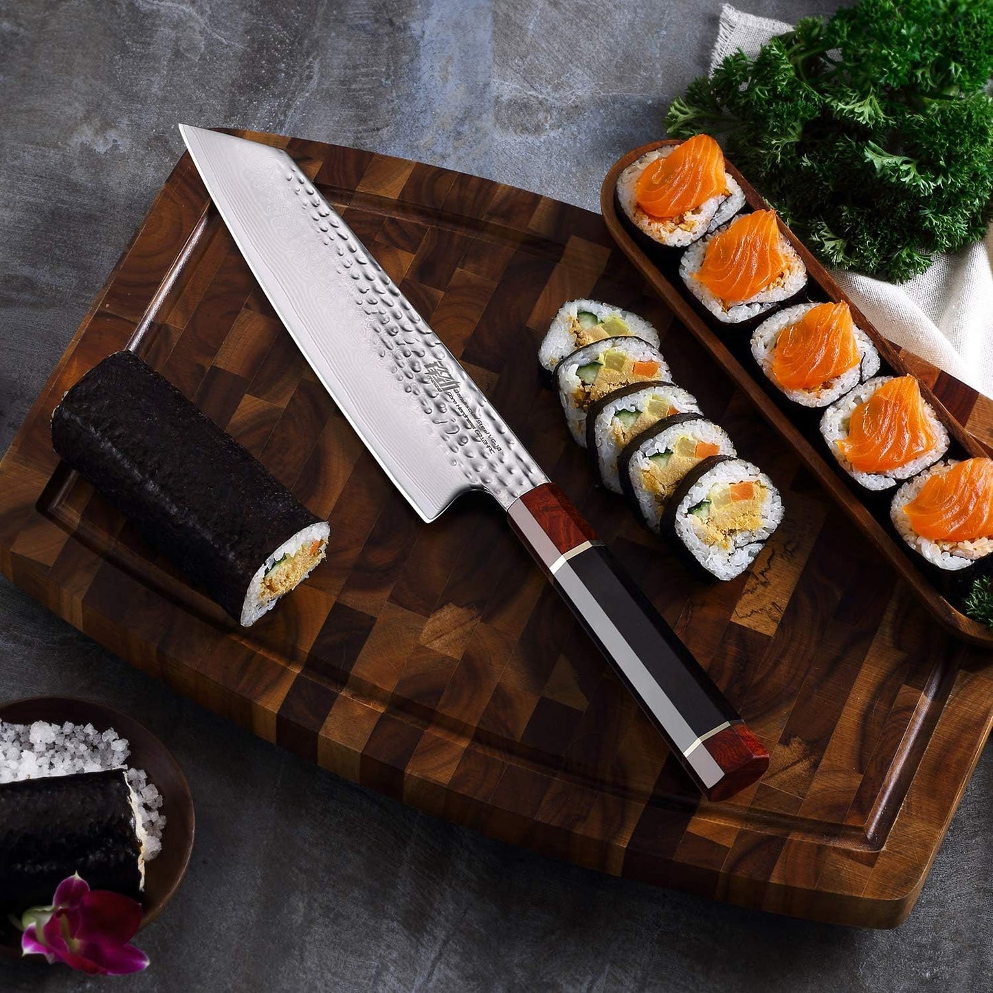 Prestige Series 9 Inch Kiritsuke Chef Knife, Japanese VG10 Damascus Steel, Double Bevel Blade with Walnut Saya, Ebony Octagonal Handle & Wooden Gift Box